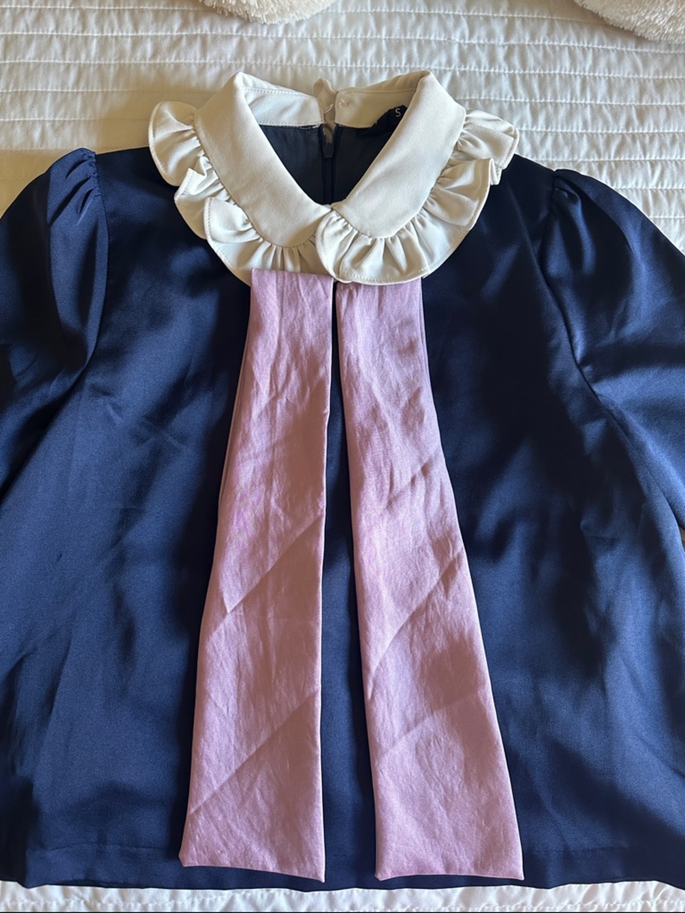 Sister Jane Navy Blouse with Cream Ruffle Collar and Pink Tie